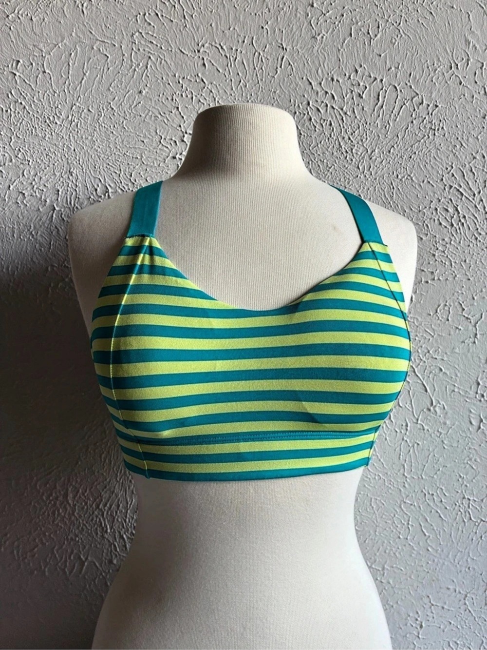Brooks Hot Shot Sports Bra Sz L Teal Lime Green Striped Racerback
